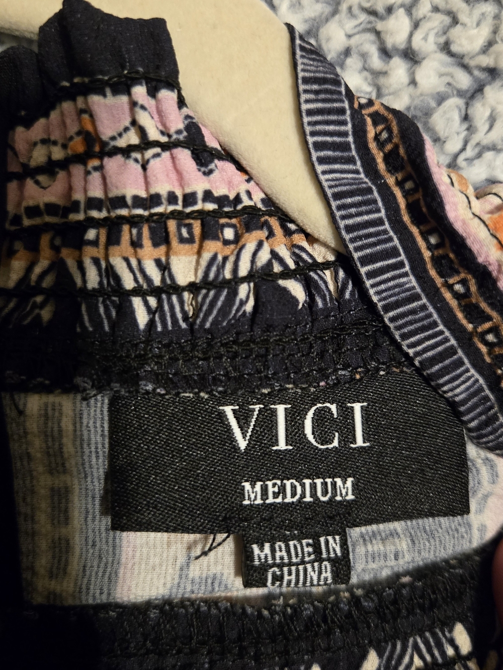 Vici Navy, Cream and Rust Printed Long-Sleeve Mock Neck Blouse - Picture 4 of 4